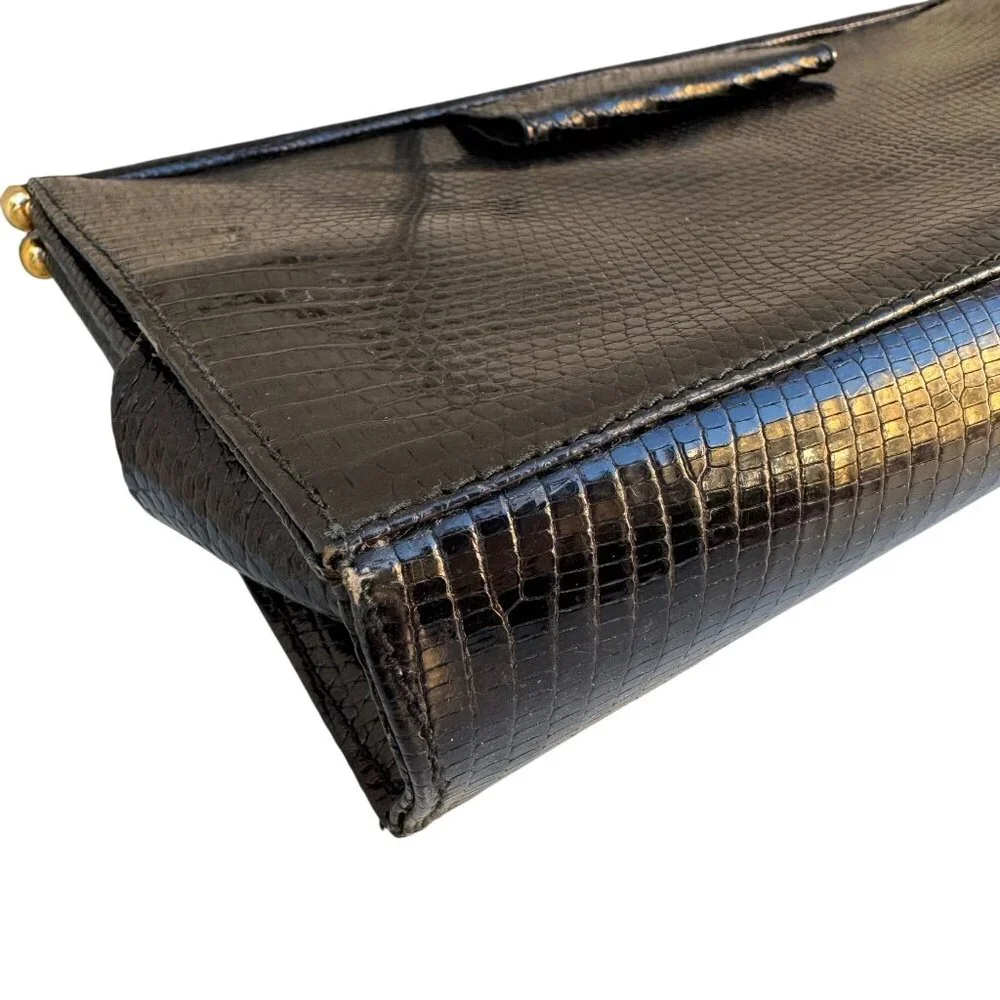 Donna Karan New York Vintage Black Genuine Lizard Skin‎ Clutch Bag Made in Italy